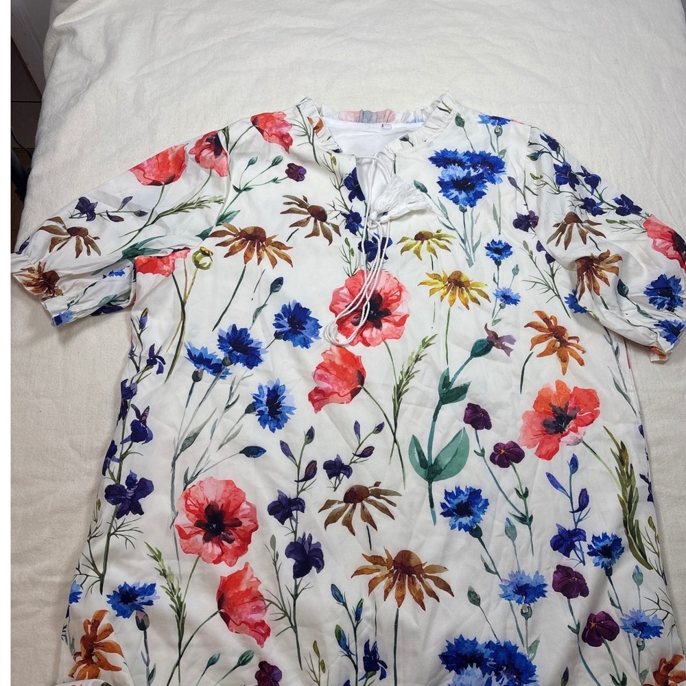 Floral Ruffle Neck Maxi Dress White Tassel Tie Puff Sleeve Tiered Botanical